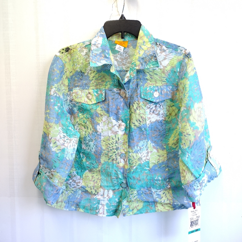 NWT Ruby Rd. Crop Button Up Floral Shirt Jacket Turquoise Multi 16P